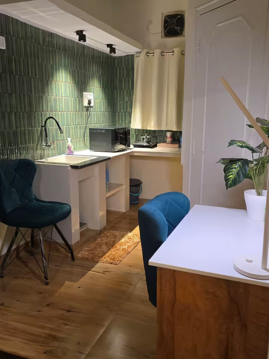 Kitchen counter styled with a plant, ready for breakfast