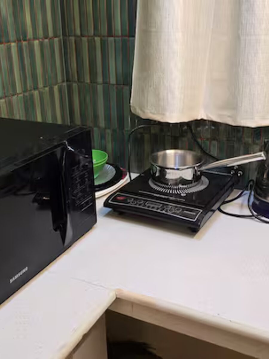 Kitchenette counter with induction cooktop, kettle and microwave
